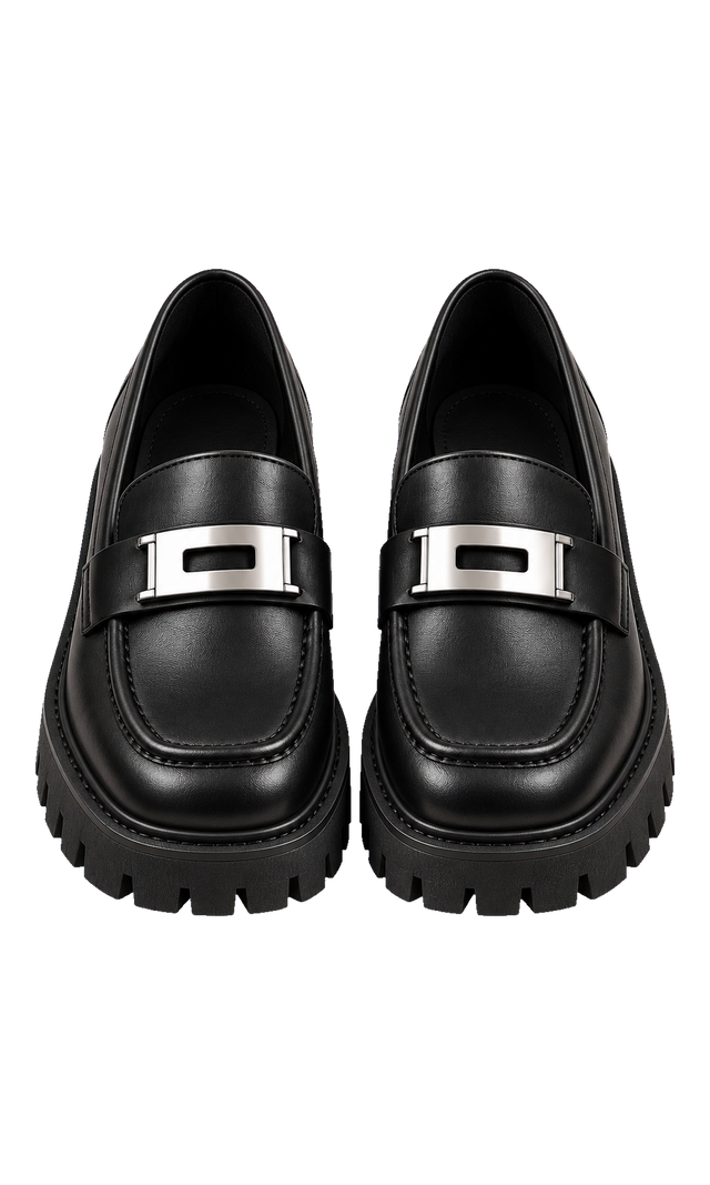 Chunky Lug-Sole Loafers with Metal Detail, Black