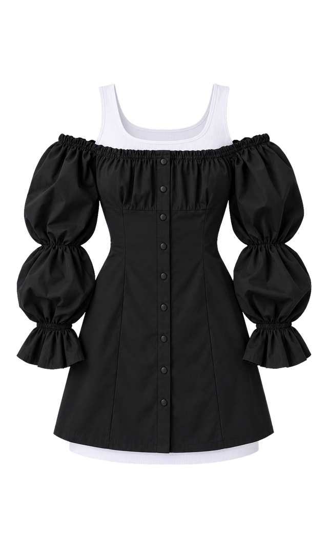 Off-Shoulder Puff-Sleeve Mini Dress with Tank Lining, Black