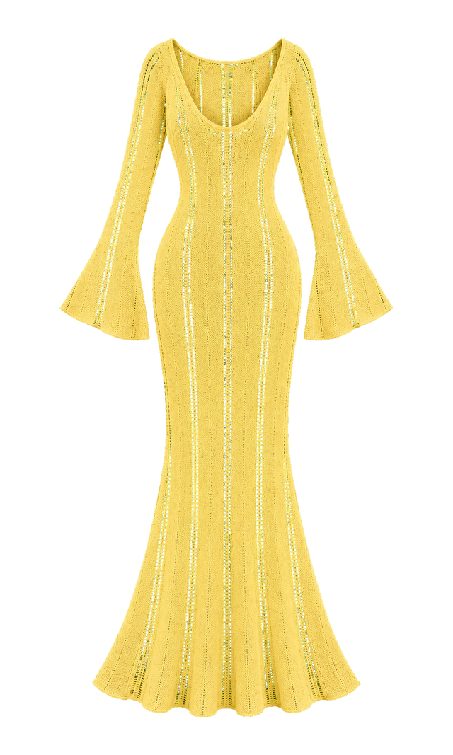 Openwork Scoop-Neck Maxi Dress with Flared Sleeves, Yellow