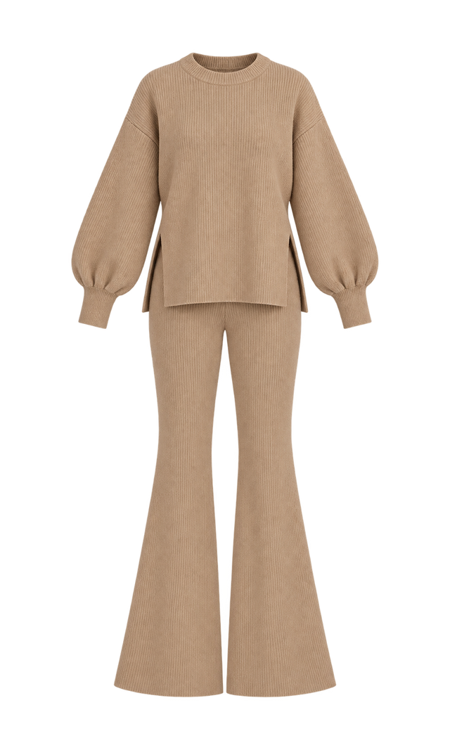 Ribbed Sweater and Flared Trouser Set, Beige