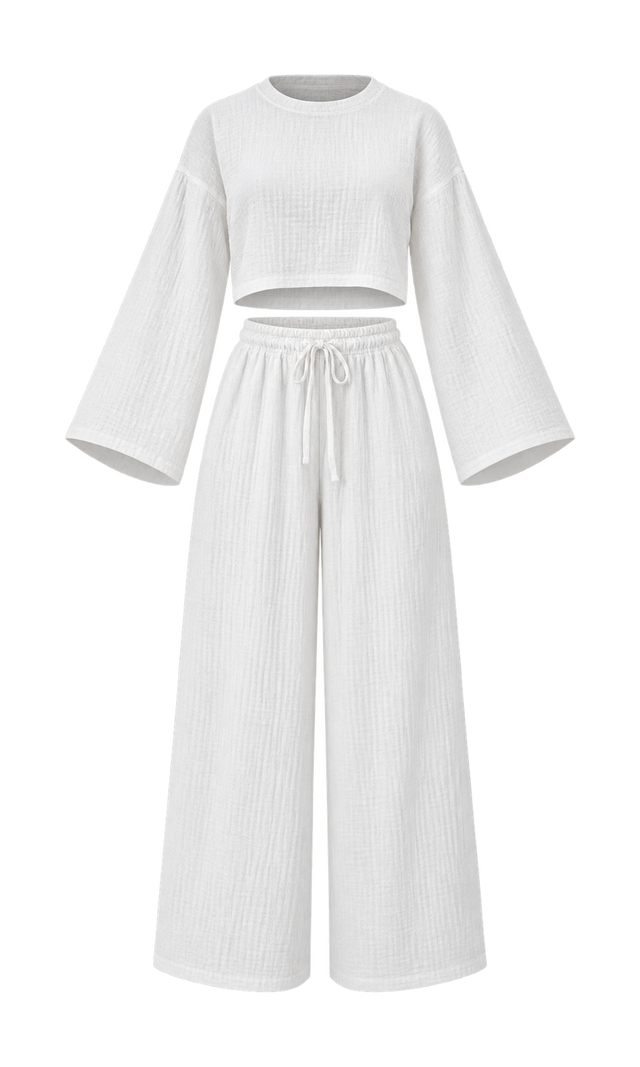 Muslin Crop Top and Wide-Leg Trouser Set, White