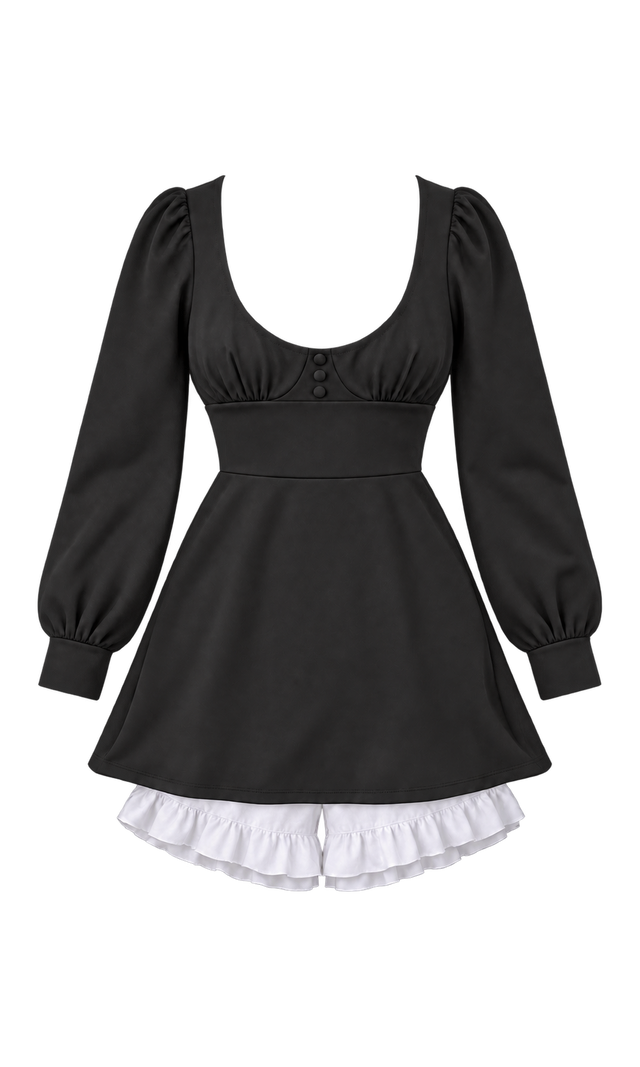 Scoop-Neck Mini Dress and Ruffled Shorts Set, Black