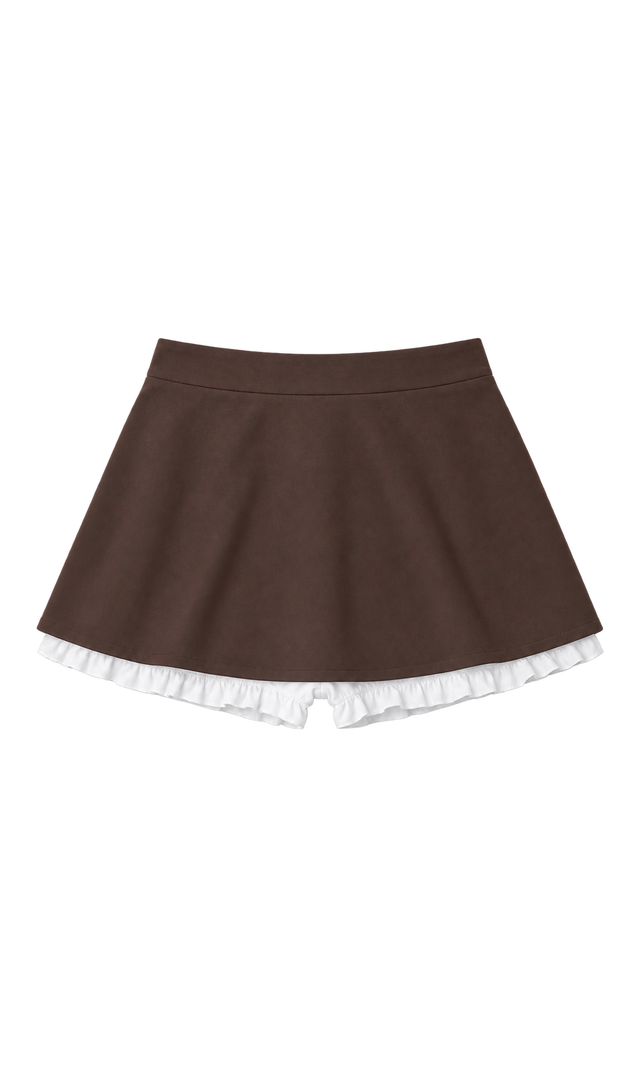 A-Line Mini Skirt and Ruffled Shorts Set, Chocolate