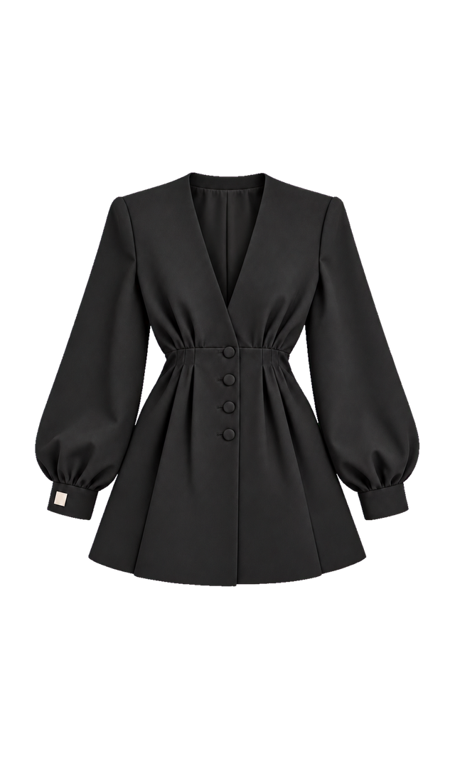 Collarless V-Neck Blazer with Pleated Waist, Black