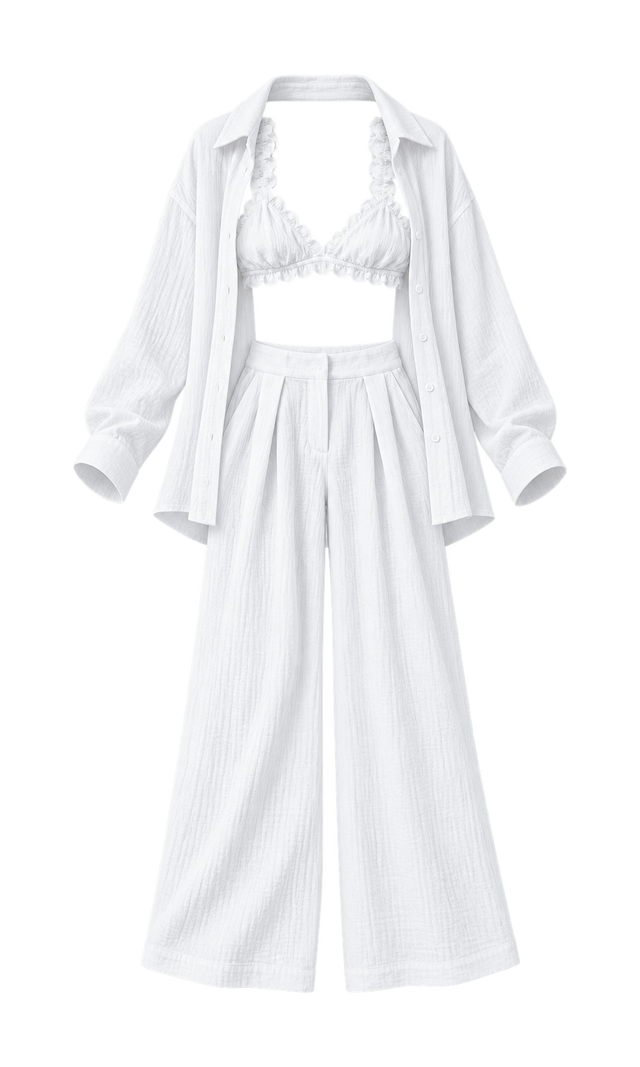 Muslin Shirt, Ruffle-Trim Top and Trousers Set, White
