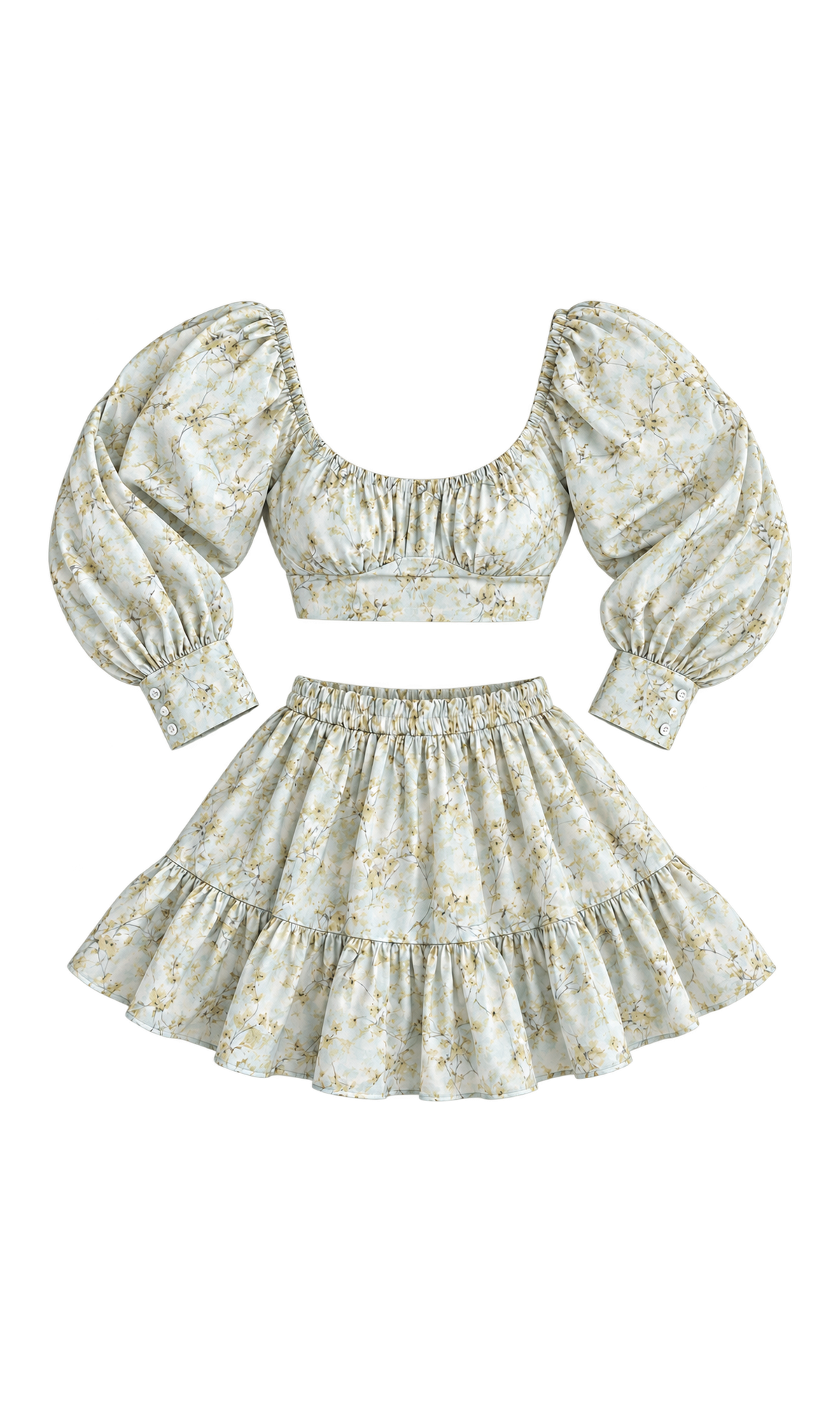 Floral Puff-Sleeve Crop Top and Ruffled Skort Set