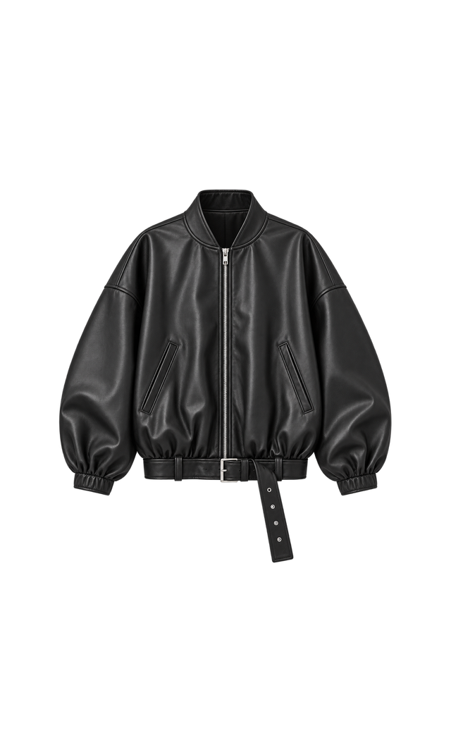 Oversized Leather-Look Bomber Jacket with Belted Hem, Black