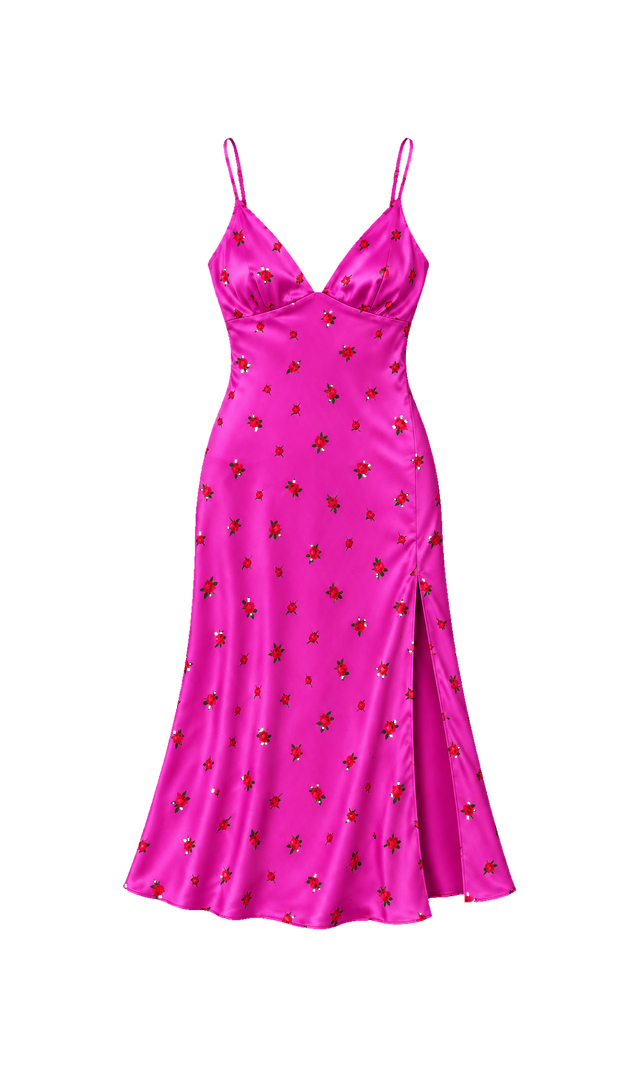 Floral Slip Midi Dress with Side Slit, Fuchsia Floral