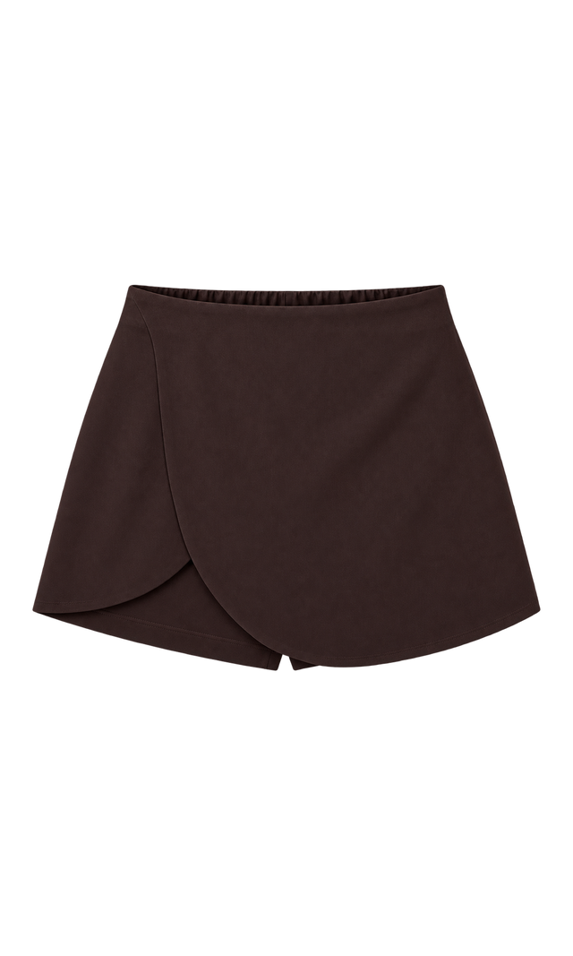 Curved Wrap-Front Mini Skort, Chocolate