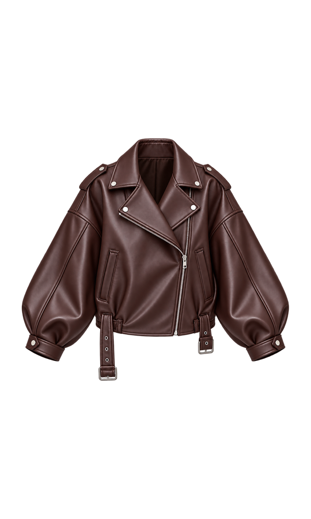 Oversized Zip Jacket with Buckled Side Tabs, Chocolate