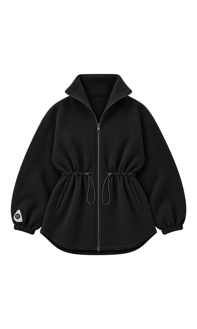 Funnel-Neck Zip Cardigan with Drawstring Waist, Black