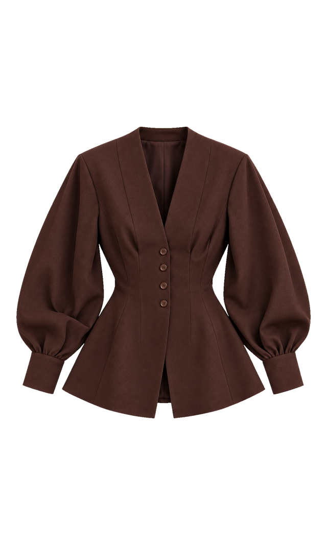Fitted Balloon-Sleeve Blazer, Chocolate