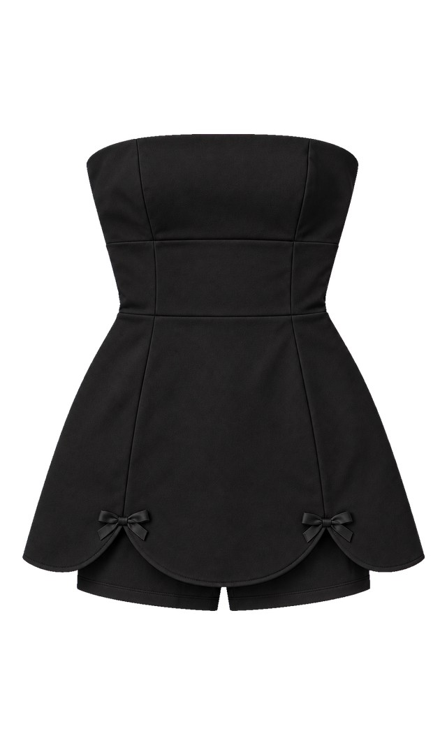 Strapless Scalloped-Hem Mini Romper, Black