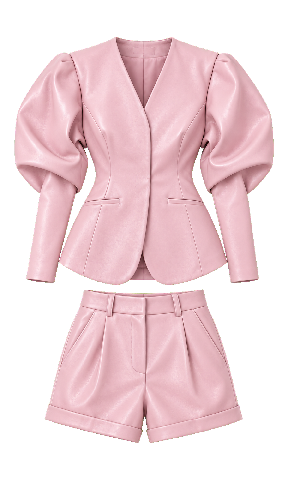Sculpted-Sleeve Faux-Leather Blazer and Shorts Set