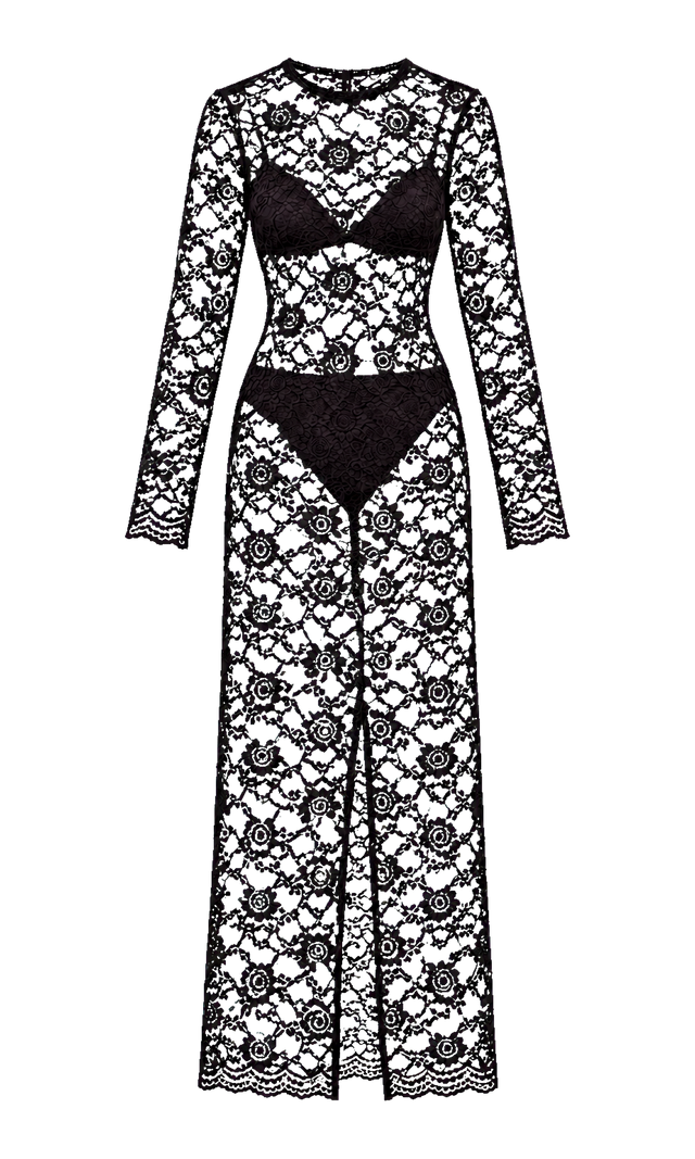 Sheer Floral Lace Long-Sleeve Dress, Black