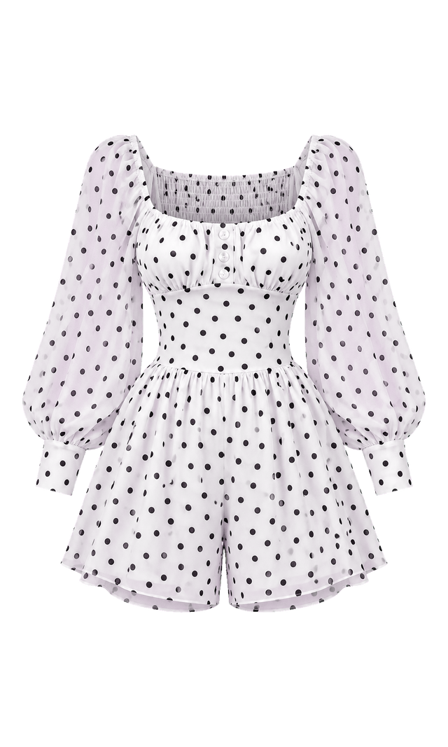 Polka-Dot Chiffon Romper with Skirt Overlay, White Dot