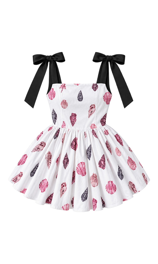Shell-Print Romper Dress with Bow Straps, White Print