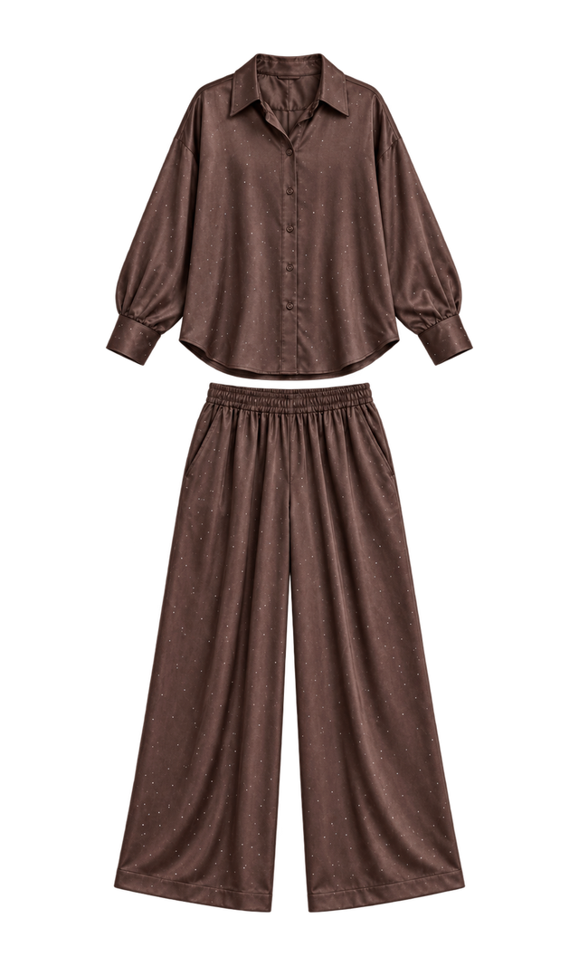 Satin-Look Shirt and Wide-Leg Trousers Set, Chocolate