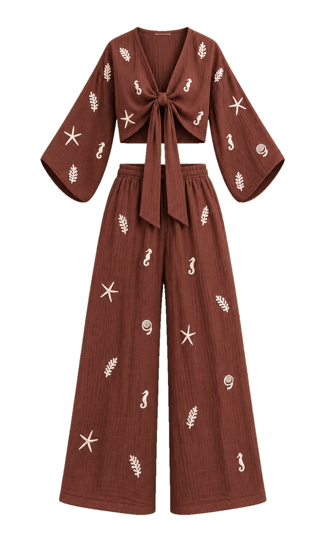 Sea-Motif Tie-Front Blouse and Trousers Set, Chocolate