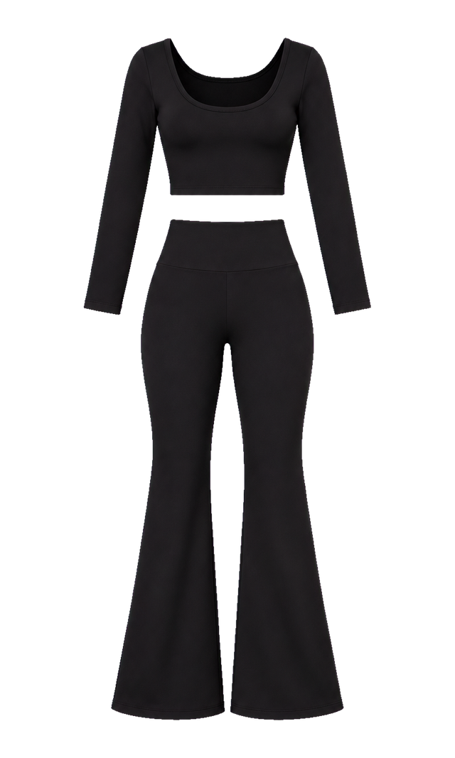 Scoop-Neck Top and Flared Trouser Set, Black