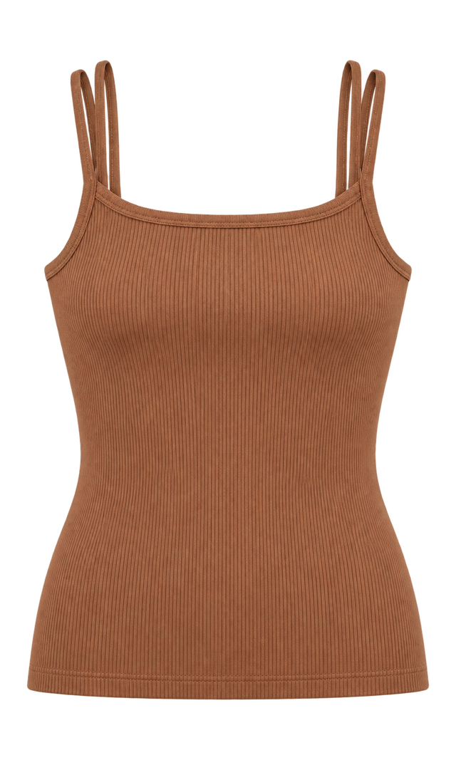 Double-Strap Ribbed Tank Top, Camel
