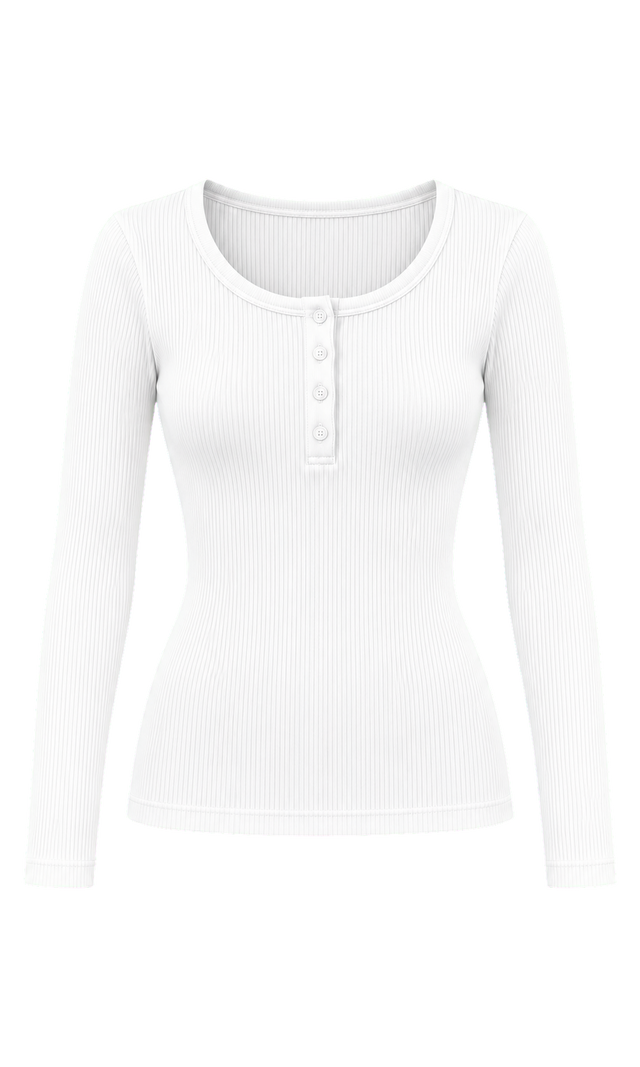 Ribbed Long-Sleeve Henley Top, White