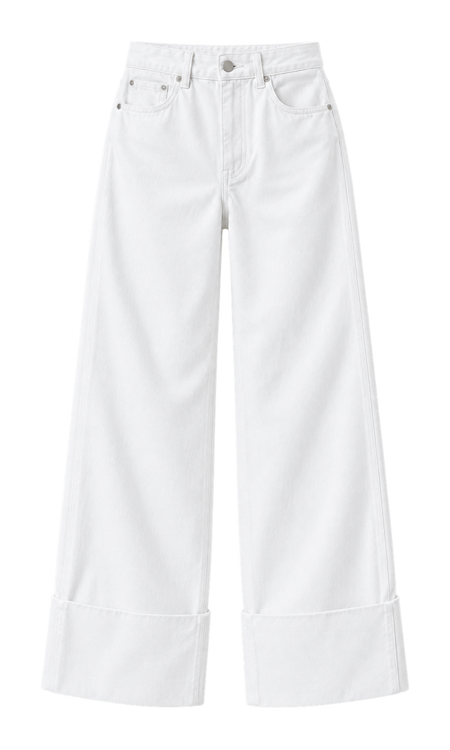 White Wide-Leg Jeans with Deep Turn-Up Cuffs, White