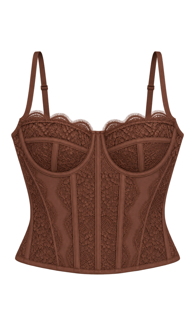 Lace Corset Top with Hook Back, Brown