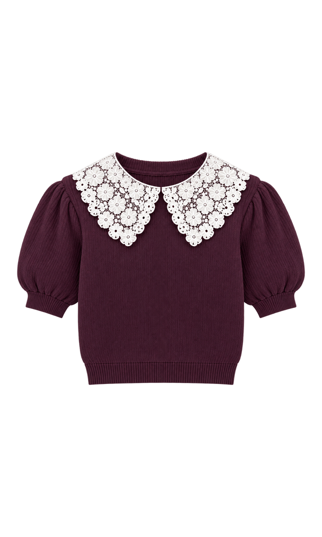 Lace-Collar Puff-Sleeve Knit Top, Burgundy