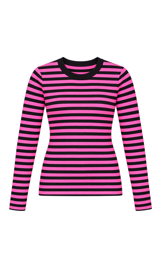 Striped Crew-Neck Long-Sleeve Top, Pink Stripe