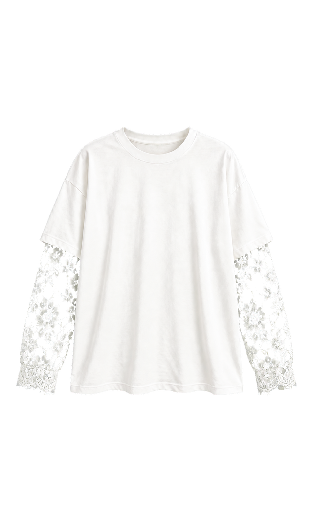Relaxed Layered-Lace-Sleeve Top, White