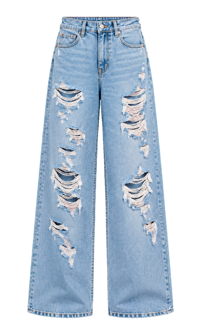 Ripped Wide-Leg Cotton Jeans, Light Wash