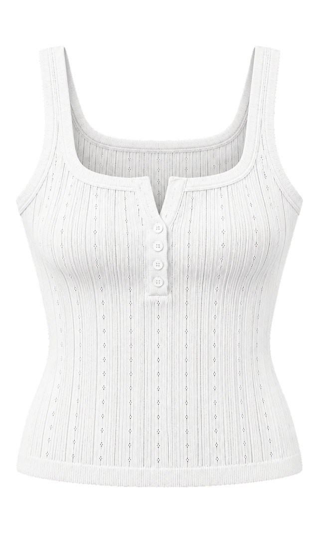 Button-Notch Ribbed Tank, White