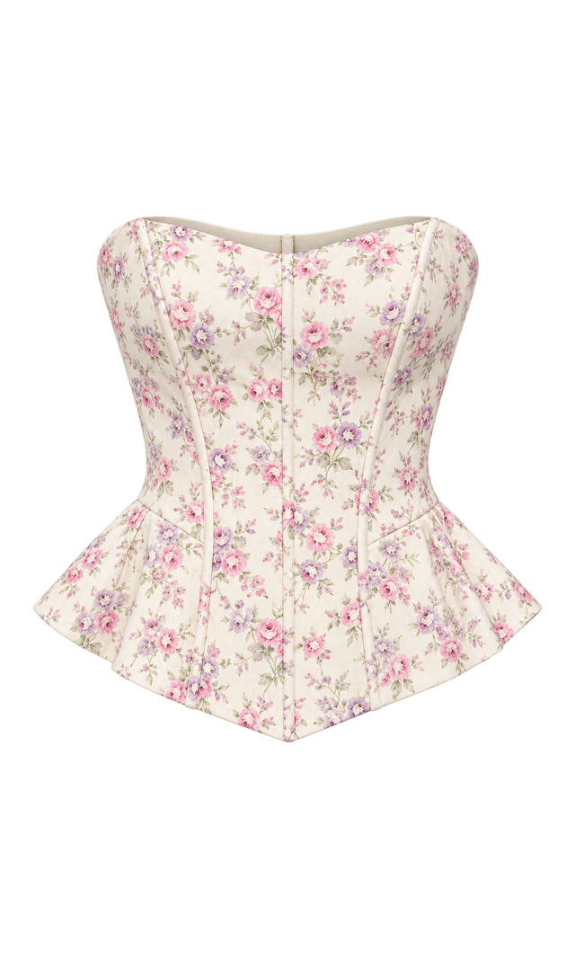 Strapless Floral Corset Top with Peplum Hem, Cream Floral