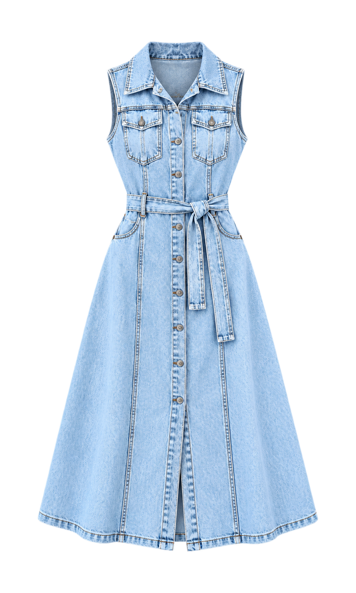 Sleeveless Belted Denim Midi Dress
