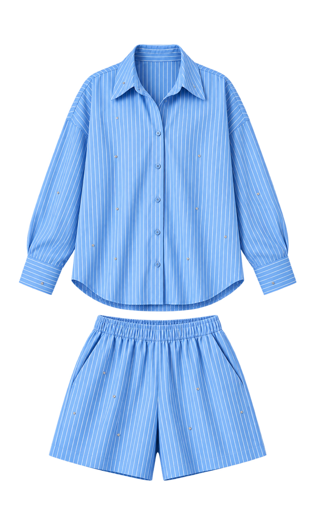 Striped Oversized Shirt and Shorts Set, Light Blue Stripe