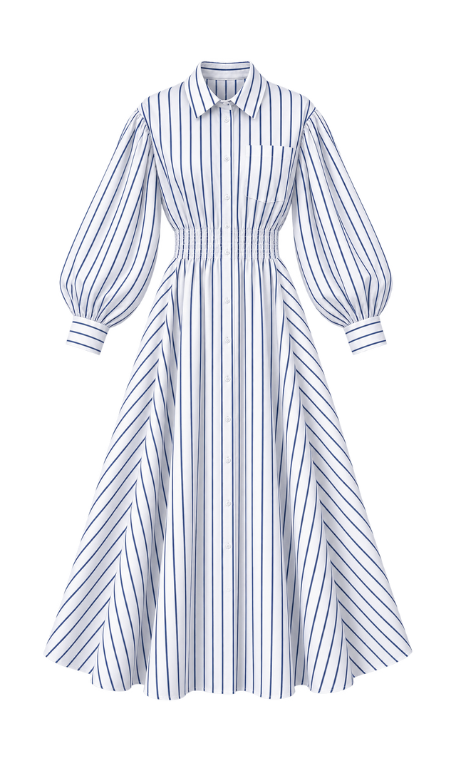 Balloon-Sleeve Maxi Shirt Dress, Navy Stripe