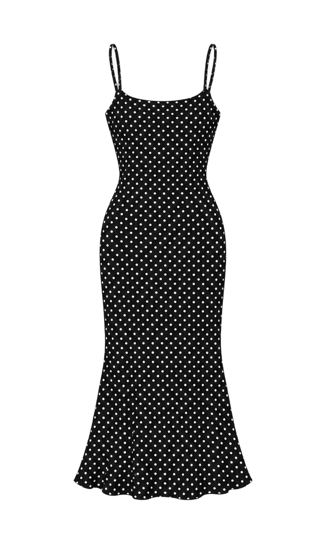 Polka-Dot Strappy Midi Dress, Black Dot