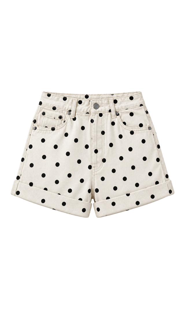 Polka-Dot Cotton Shorts with Turn-Up Hems, Cream Dot