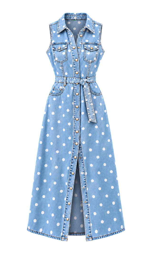 Polka-Dot Denim Shirt Dress, Light Wash Dot
