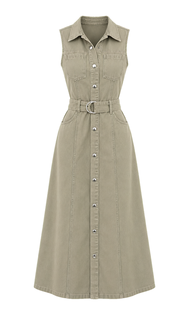 Belted Sleeveless Denim Dress, Khaki