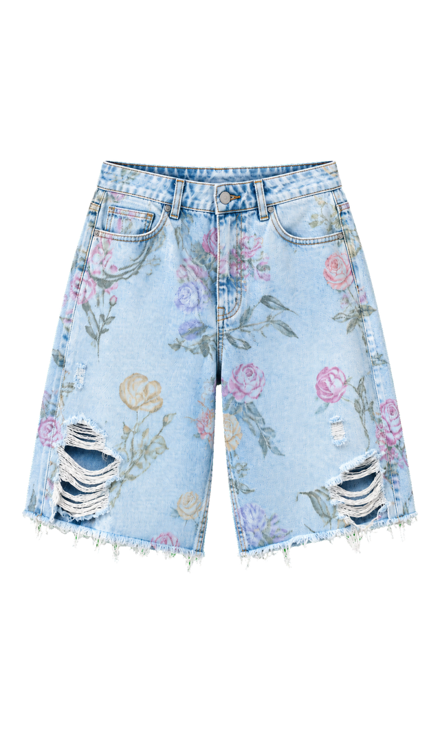 Floral Distressed Denim Bermuda Shorts, Light Blue Floral