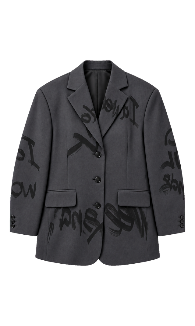 Oversized Graffiti-Print Blazer, Charcoal Print