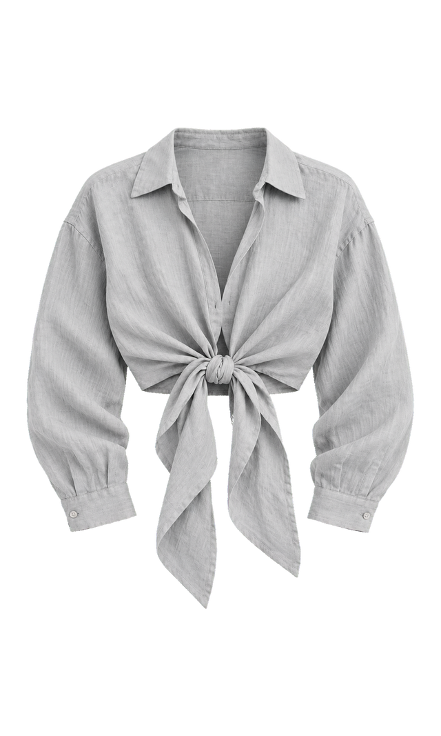Tie-Front Linen Shirt, Grey