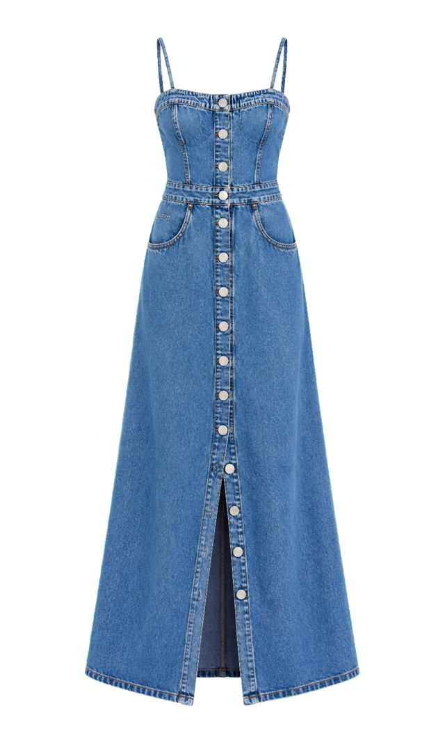 Strappy Button-Front Denim Dress, Mid Wash