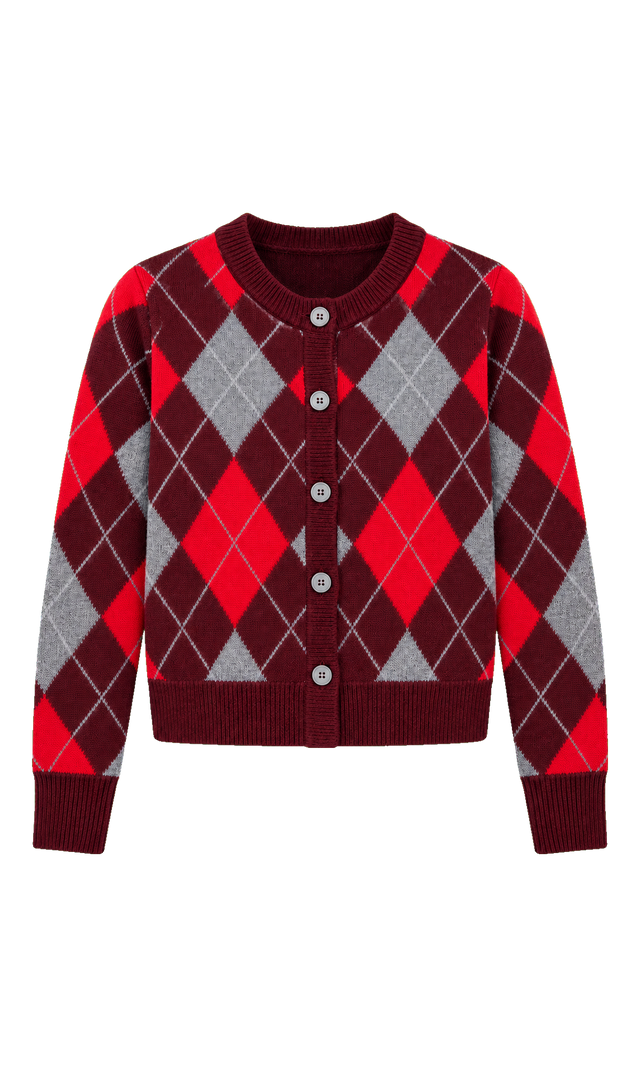 Argyle Button-Front Cardigan, Burgundy Check