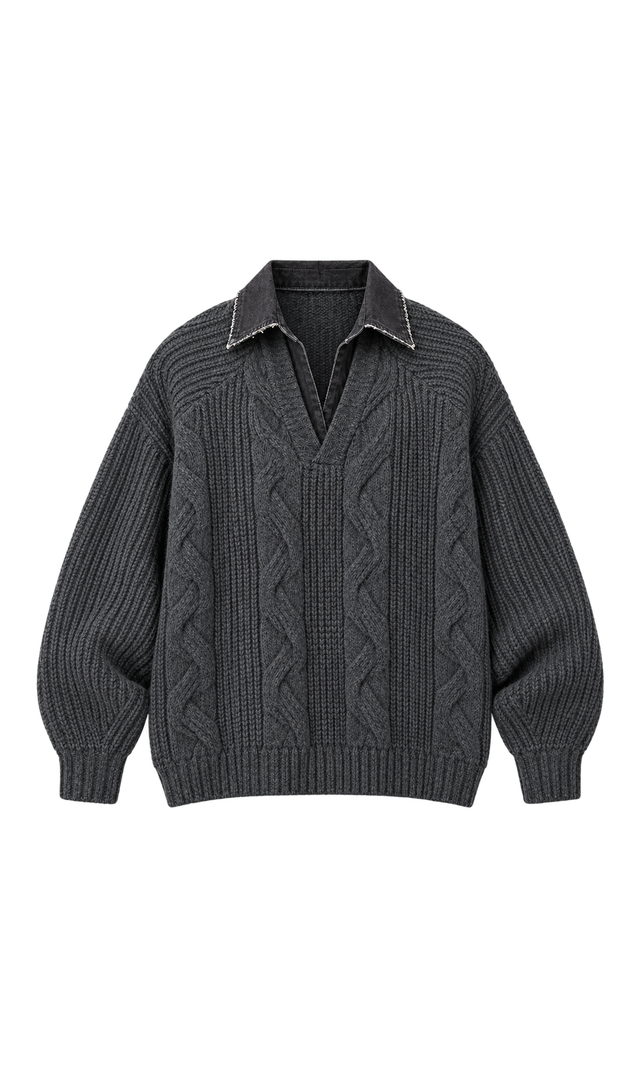 Cable-Knit Sweater with Contrast Collar, Charcoal