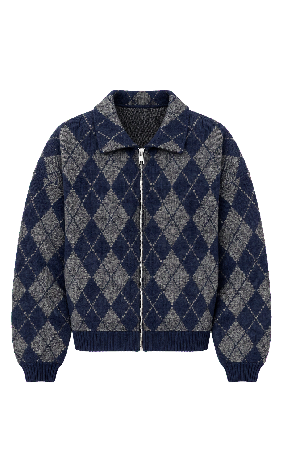 Argyle Zip-Front Knit Cardigan