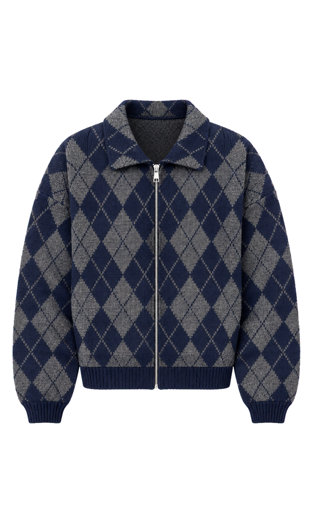 Argyle Zip-Front Knit Cardigan, Navy Check