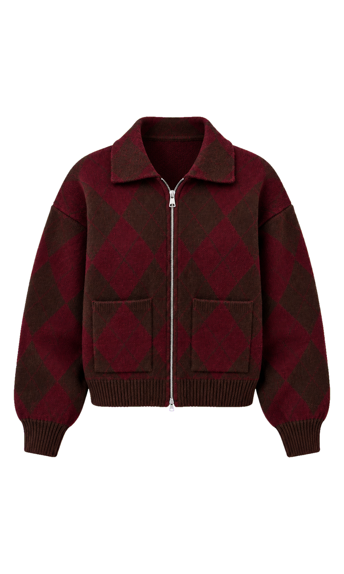 Argyle Zip-Front Knit Cardigan